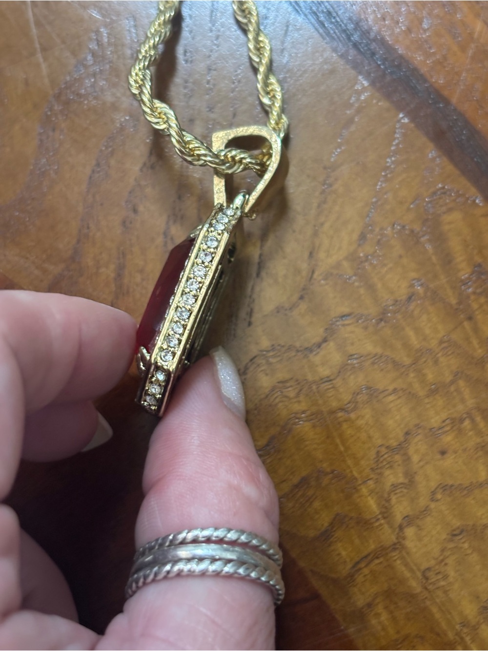 Gold-toned Pendant Necklace with Red Emerald-Cut Stone - Picture 4 of 5